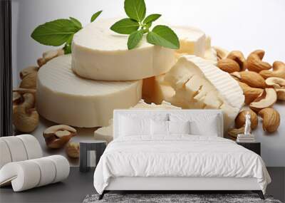 Cashew cheese on white background.Healthy and vegan concept.Created with Generative AI technology. Wall mural