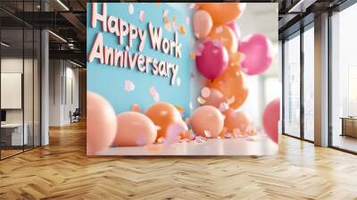 Colorful balloons and festive decorations for a work anniversary celebration, creating a joyful and cheerful atmosphere in an office setting. Wall mural