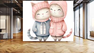 cute feline couple in watercolor art. Wall mural