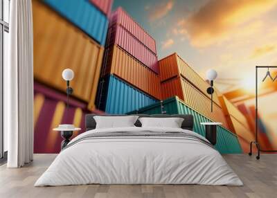 High-detail image of shipping containers stacked at a port, global logistics and trade, supply chain dynamics Wall mural