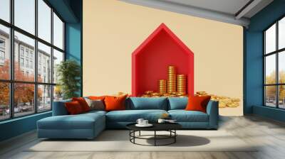 red house and gold coin on yellow background. home insurance concept. 3d render Wall mural