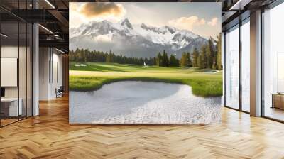 Scenic mountain golf course with snow-capped peaks, lush greenery, and sand bunker under a dramatic sky. Wall mural