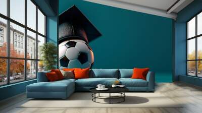 Soccer ball with graduation cap symbolizing sports and education, academic and athletic achievement, unique concept on a teal background. Wall mural