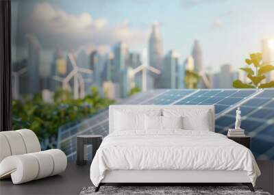 Solar panels with a modern city skyline in the background, symbolizing the blend of sustainable energy and urban development. Wall mural