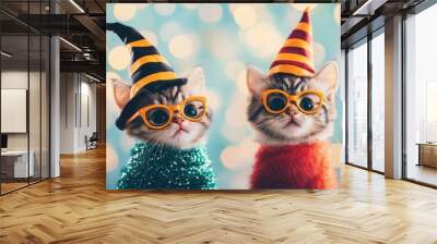 Two adorable kittens wearing colorful party hats and glasses, exuding charm in a festive and playful atmosphere. Wall mural