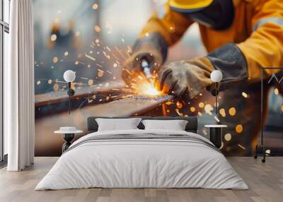 Worker in protective gear using a welding tool on metal beams, producing sparks at a construction site, showcasing industrial fabrication. Wall mural