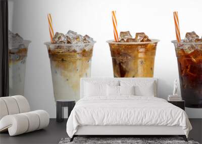 Set of ice caramel latte coffee and black amricano coffee cold isolated clipping path clean cut on white background. Wall mural