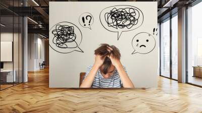 Teenager issue, Confused messed up thoughts bubble line art icon set. Sad depressed mental state before therapy, brain overthinking in teenager concept. Wall mural