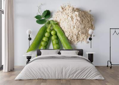 Top view fresh green peas with protein power from green peas, plat base protein concept, isolated on white background. Wall mural