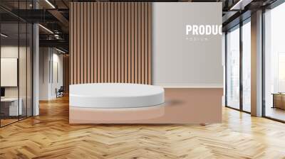 3D Wooden Slats Background And White Podium Wall mural