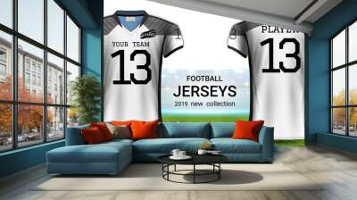 American Football or Soccer Jerseys Uniforms, Realistic Graphic Design Front and Back View for Presentation Mockup Template, Easy Possibility to Apply Your Artwork, Text, Image, Logo (Eps10 Vector) Wall mural