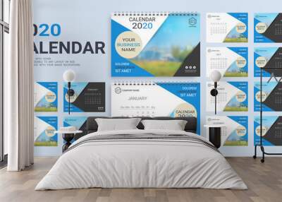 Desk Calendar 2020 template, 12 months and 13 template with cover included in A5 but easily to changeable to any layout or size and simply replace with your image background. Wall mural