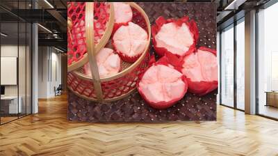 Steamed cupcake with red paper in red basket ,Dessert for chines Wall mural