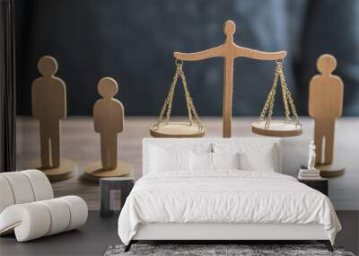 A corporate team weighing moral decisions in business, with visual elements representing justice, fairness, and ethical responsibility Wall mural