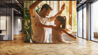 A delightful Father's Day scene with dad and daughter dancing, their faces beaming with happiness, symbolizing the joy of family togetherness. Wall mural