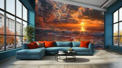 Dramatic sunset: Coastal cliffs illuminated by the setting sun Wall mural