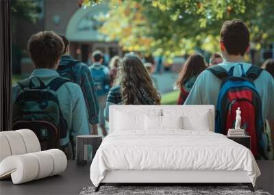 Students seen from the back, walking towards the school entrance, their steps brisk and backpacks bobbing Wall mural