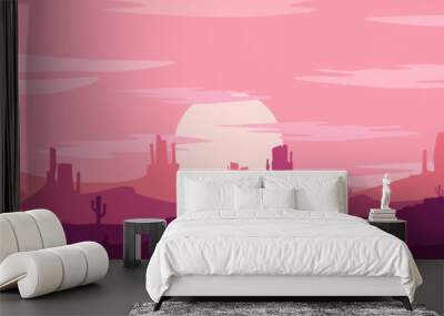 Vector illustration of sunset and twilight desert panoramic view with mountains and cactus - flat cartoon style Wall mural