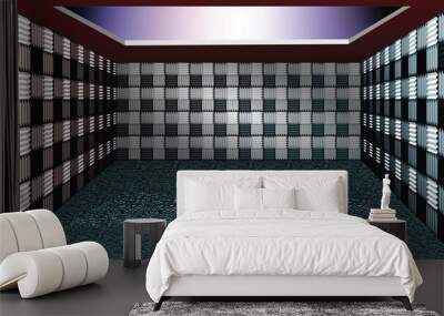 Studio recording room illustration with soundproofing wall. 3D virtual deep perspective. Empty recording room with sound reducing texture. Wall mural