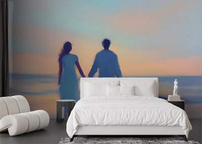 Couple holding hands on the beach at sunset. Pastel colors in impressionist style. Wall mural