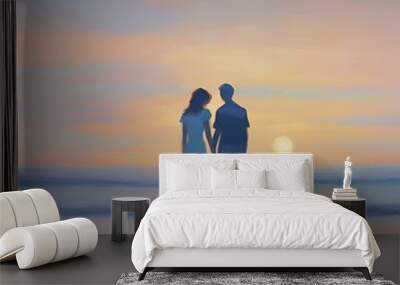 Couple holding hands on the beach at sunset. Pastel colors in impressionist style. Wall mural