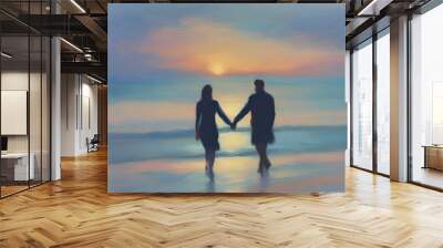 Couple holding hands on the beach at sunset. Pastel colors in impressionist style. Wall mural