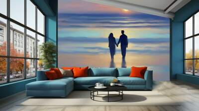 Couple holding hands on the beach at sunset. Pastel colors in impressionist style. Wall mural