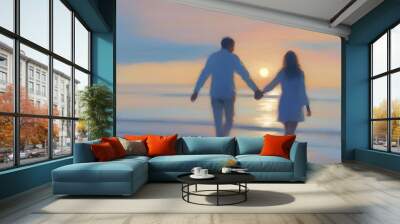 Couple holding hands on the beach at sunset. Pastel colors in impressionist style. Wall mural