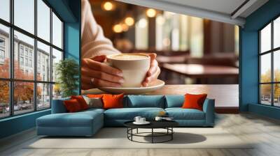 A man holding a cup of hot coffee with a blurred café interior in the background Wall mural