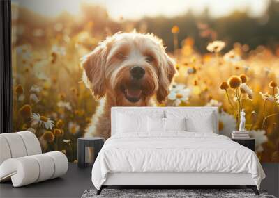 A small, fluffy dog sits happily in a flowers field, bathed in the warm glow of the setting sun Wall mural