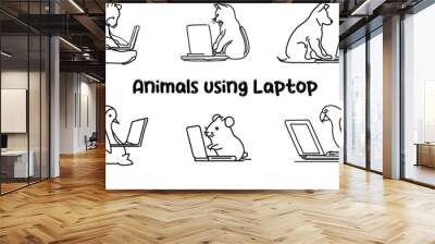 Animals using laptop and seriously working line art vectors silhouette Wall mural