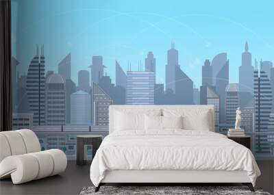 urban landscape contemporary large modern building and network connection internet on top sky. concept city Vector illustration Wall mural