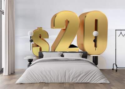 20 dollar price symbol. red text number 3d render with dollar sign on white background - Illustration Wall mural