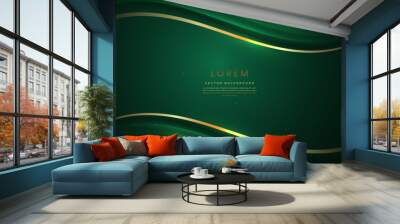 3D gold curved lines on dark green background with lighting effect and sparkle with copy space for text. Luxury design style. Wall mural