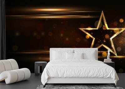 3D golden star with golden on black background with lighting effect and sparkle. Luxury template celebration award design. Wall mural