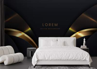 Abstact 3d luxury black curve with border golden curve lines elegant and lighting effect on black background. Wall mural