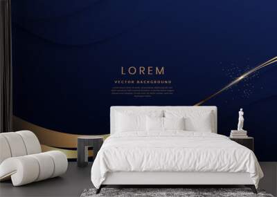 Abstract 3d dark blue background with ribbon gold lines curved wavy sparkle with copy space for text. Luxury style template design. Wall mural