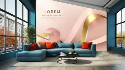 Abstract 3d gold curved ribbon on rose gold background with lighting effect and sparkle with copy space for text. Luxury design style. Wall mural