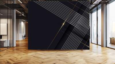 Abstract 3D luxury template silver diagonal dimension lines overlapping with gold lines light effect on dark blue background. Wall mural