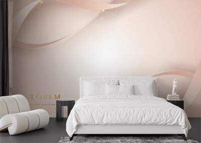 Abstract 3d rose gold curved ribbon on rose gold background with lighting effect and sparkle with copy space for text. Luxury design style. Wall mural