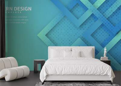 Abstract blue and green geometric square shape overlapping with dot decoration and shadow background. Wall mural