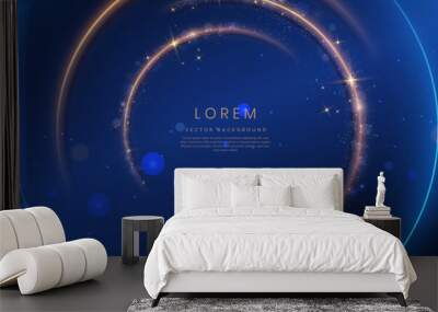 Abstract elegant gold circles line with lighting effect sparkle on blue background. Wall mural