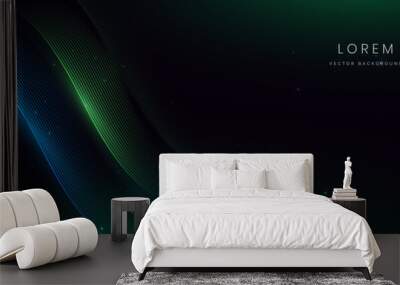 Abstract futuristic curved glowing blue and green light lines on black background. Wall mural