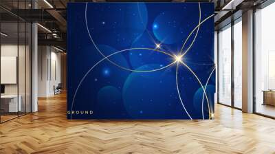 Abstract gold circles lines overlapping on dark blue background. Wall mural