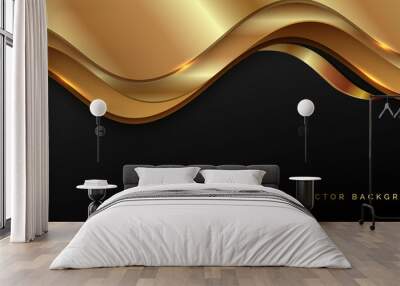 Abstract luxury 3d background gold elegant line on wave shape overlapping on black background with copy space for text. Wall mural