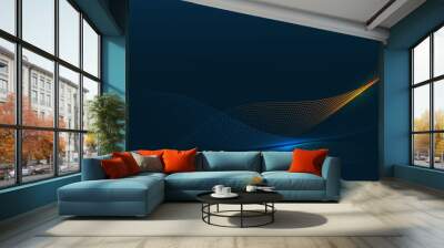 Abstract orange and blue wave dots particles on dark blue background. Wall mural