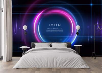 Abstract technology futuristic circles neon glowing blue and pink light lines effect on dark blue background. Wall mural