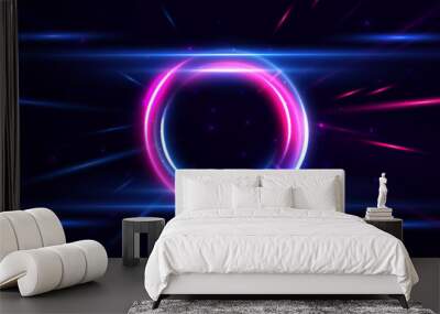 Abstract technology futuristic circles neon glowing blue and pink light lines with speed motion blur effect on dark blue background. Wall mural