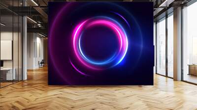 Abstract technology futuristic circles neon glowing blue and pink light lines with speed motion blur effect on dark blue background. Wall mural