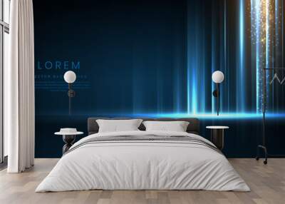 Abstract technology futuristic light blue stripe vertical lines light on blue background with gold lighting effect sparkle. Wall mural